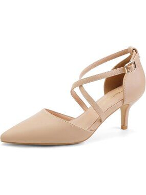 Women's Nude Kitten Closed Pointed Toe Heels Low Heel Cross Strap Dress Shoes
